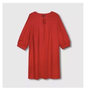 Who What Wear Linen Blend Red Balloon Puff Sleeves Dress, Medium